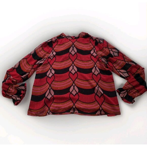 Rachel Zoe Top Womens M Multicolor Hearts Artsy Pullover Tie Neck Blouse LS Boho - Picture 14 of 16